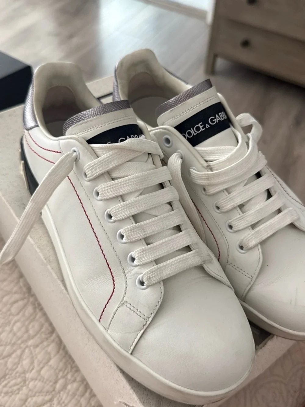 Dolce & Gabbana White Leather Sneakers with Red Stitching and Silver Heel